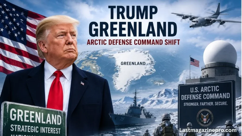 President Trump discusses the strategic trump greenland arctic defense command shift regarding Greenland at a press conference.