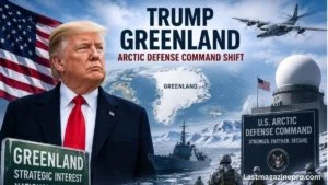 President Trump discusses the strategic trump greenland arctic defense command shift regarding Greenland at a press conference.