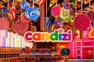A candizi store showcasing an array of colorful lollipops suspended from the ceiling, enhancing the playful environment.