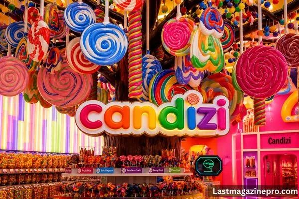 A candizi store showcasing an array of colorful lollipops suspended from the ceiling, enhancing the playful environment.