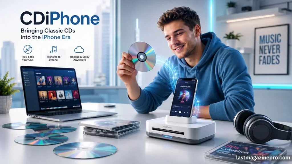 A man holds a cdiphone in one hand and a laptop in the other, showcasing a blend of physical and digital media.