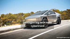 A silver Tesla Cybertruck driving on a road, with the text "Pentagon Big Tech Tesla Cybertruck" displayed above it.