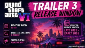 Promotional image for Grand Theft Auto VI trailer 3, highlighting the anticipated release window and key visuals.
