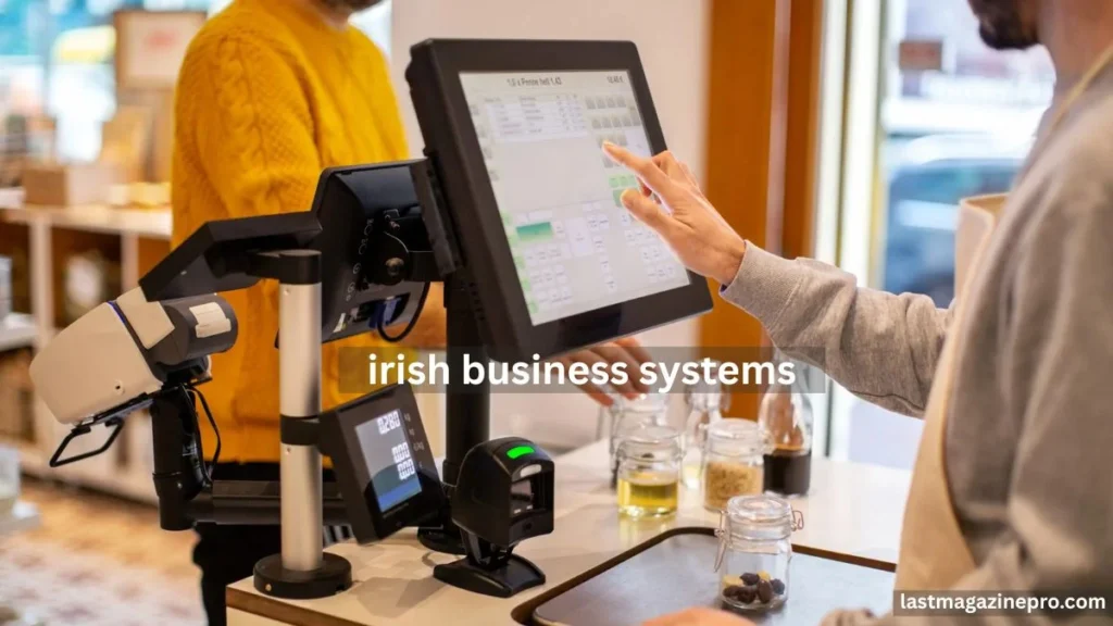 Irish Business Systems owner using a point-of-sale system on a tablet in a Dublin shop