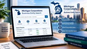 Michigan Corporations Business Entity Search displayed on a laptop with Michigan business records, corporation details, entity status, and filing information.