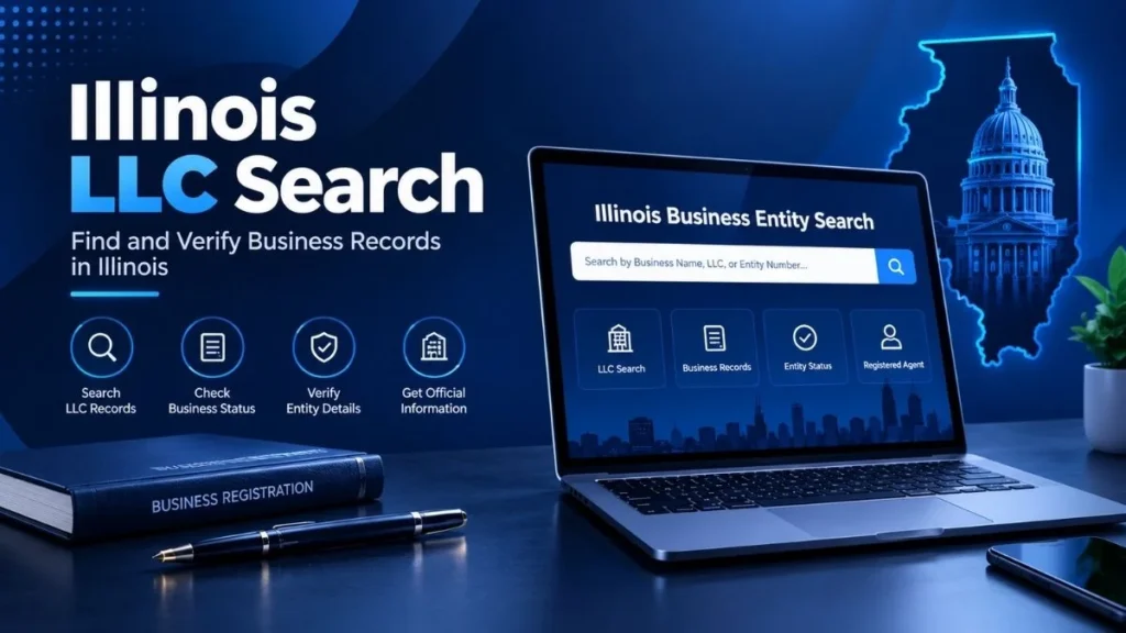 Illinois LLC Search with a dark blue business entity search interface, Illinois map, laptop, and business registration records.