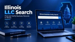 Illinois LLC Search with a dark blue business entity search interface, Illinois map, laptop, and business registration records.