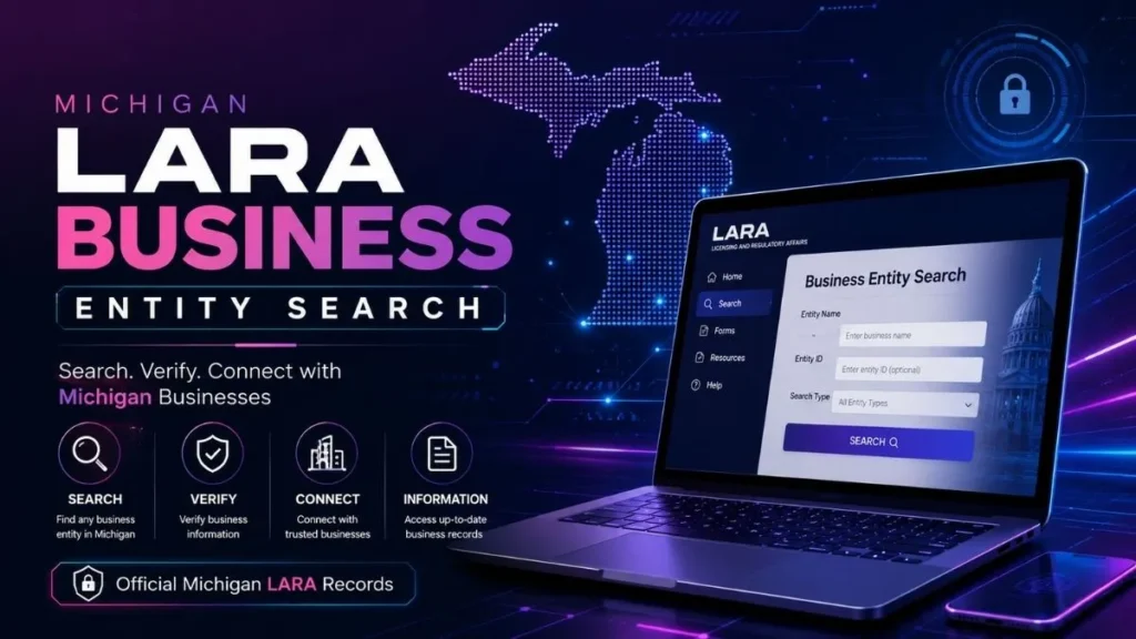 Michigan LARA Business Entity Search – futuristic technology-themed business search interface for finding and verifying Michigan business entities.
