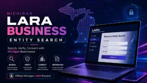 Michigan LARA Business Entity Search – futuristic technology-themed business search interface for finding and verifying Michigan business entities.