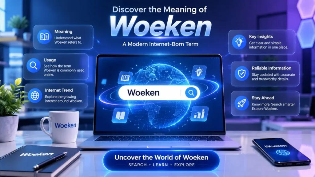 Woeken – modern digital technology concept with a futuristic laptop, glowing globe, and online information interface.
