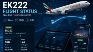 EK222 Flight Status – real-time flight tracking dashboard showing an Emirates aircraft, live route map, and flight information