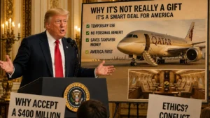 Trump Tries to Defend Using Luxury Jet From Qatar speaks at a podium while defending the use of a luxury Qatar jet, with a Qatar-branded private jet displayed behind him and journalists questioning the ethics of the aircraft deal.