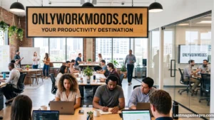 Office scene featuring diverse individuals collaborating, with the text "OnlyWorkMoods com" prominently displayed.