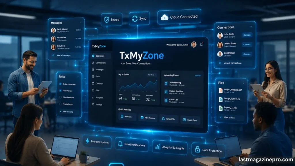 Individuals working TxMyZone at desks in a conference room, with a large screen showing presentations or data.