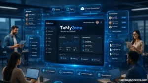 Individuals working TxMyZone at desks in a conference room, with a large screen showing presentations or data.