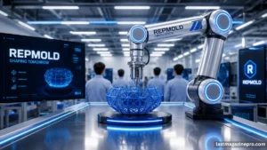 A REPMOLD presents a glass bowl in front of a screen, illustrating the integration of robotics and display technology.