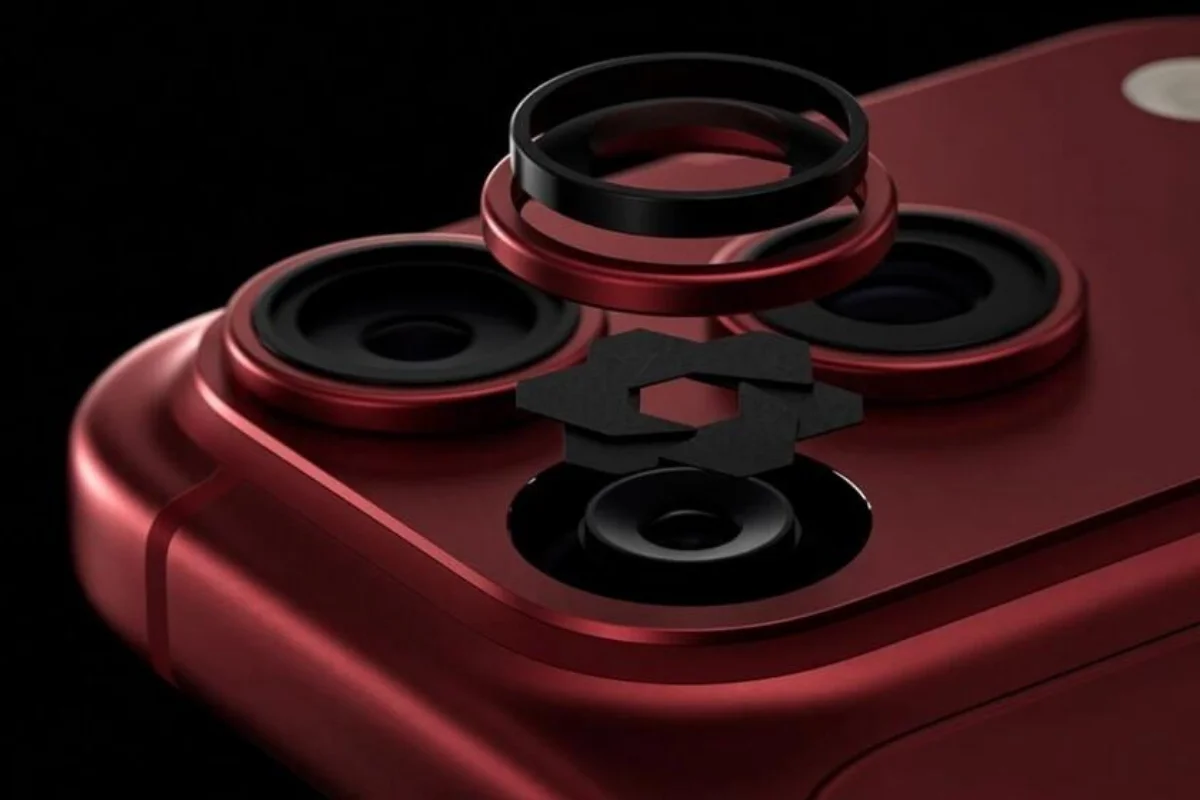 Close-up image of a red iPhone 18 with an attached camera lens, highlighting its design and features.