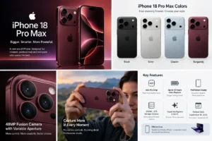 The iPhone 18 Pro Max shown in gold, silver, and space gray, emphasizing its elegant appearance and color variety.