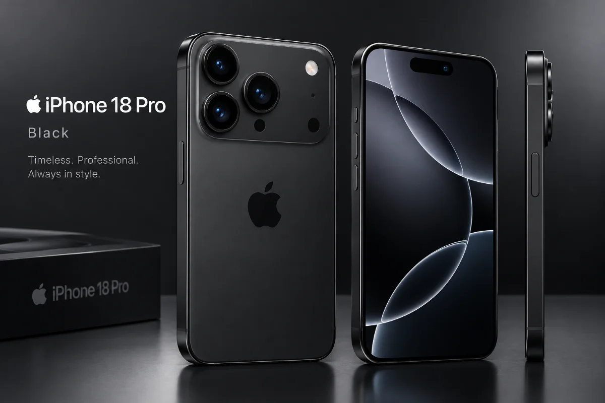 Black iPhone 11 Pro Max positioned next to its box, highlighting the product and its packaging.