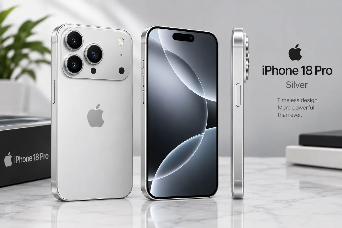 Three silver iPhone 18 Pro smartphones are displayed from different angles on a marble surface, showing the front, back, and side views. Text indicates the model name and slogan.