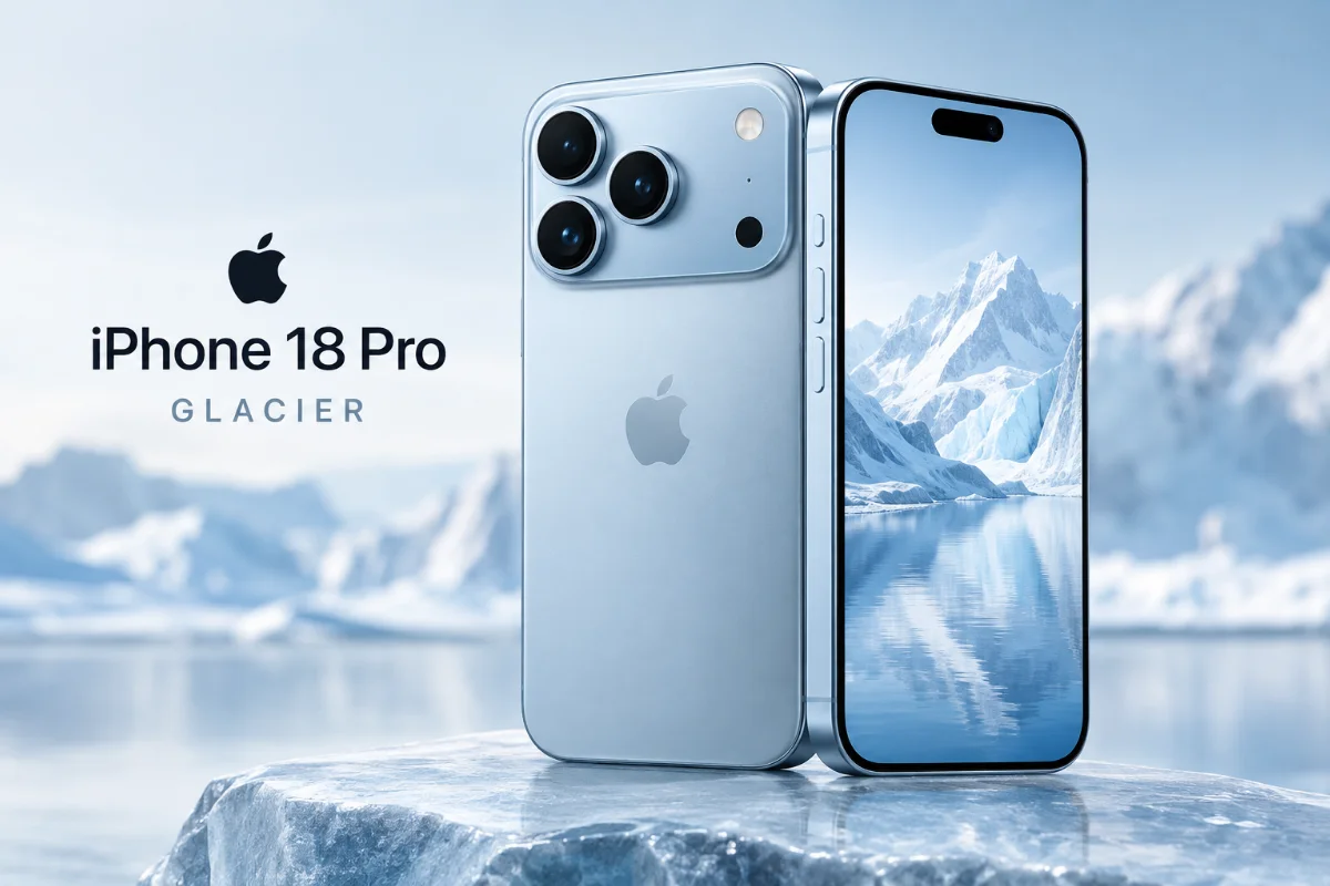 Two iPhone 18 Pro Glacier phones are shown, one facing forward displaying a glacier, the other shows the back, with text “iPhone 18 Pro Glacier” and an icy mountain background.