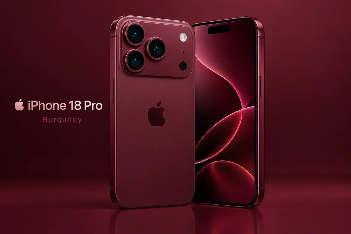 Burgundy iPhone 18 Pro render highlighting its elegant design and advanced technology.