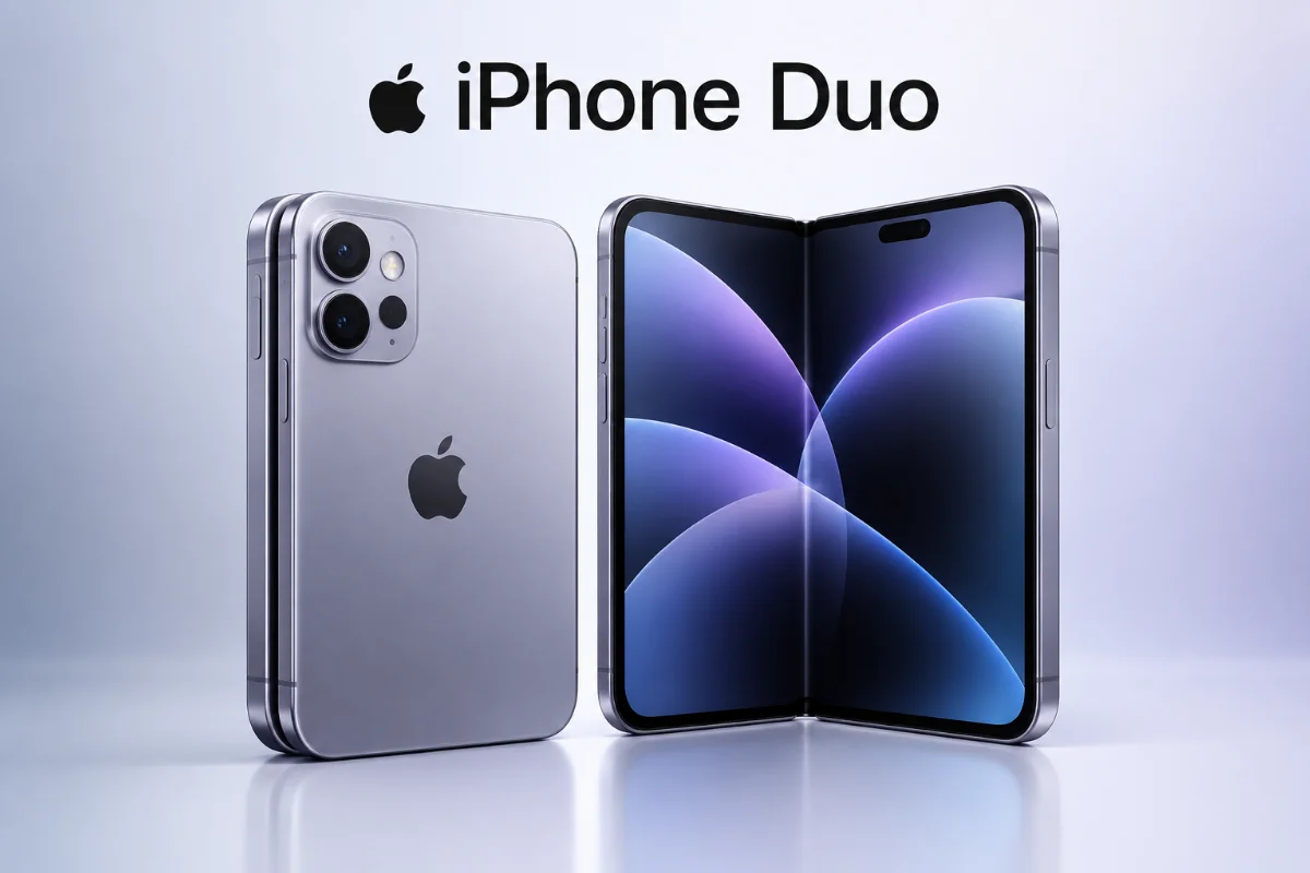 Concept render of iPhone 18 Duo featuring a dual-screen design, showcasing a modern and innovative smartphone layout.