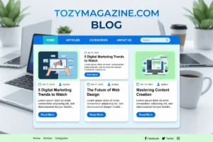 Website design interface mockup for TozyMagazine Com Blog showing article cards on a clean desk workspace.