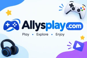 Allysplay com gaming platform with a modern blue gaming controller and playful digital design.