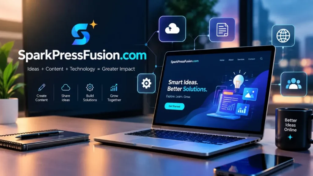 sparkpressfusion.com technology website with a modern laptop and digital interface