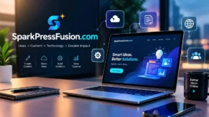 sparkpressfusion.com technology website with a modern laptop and digital interface