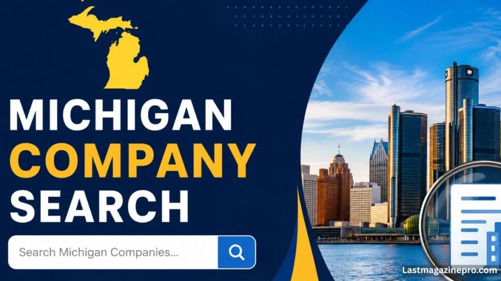 Michigan company search – Michigan business lookup with Detroit skyline and company search illustration.