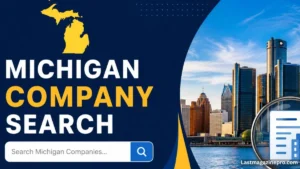 Michigan company search – Michigan business lookup with Detroit skyline and company search illustration.