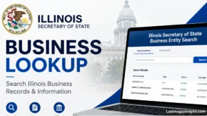 Illinois Secretary of State business lookup showing an Illinois business search interface on a laptop.