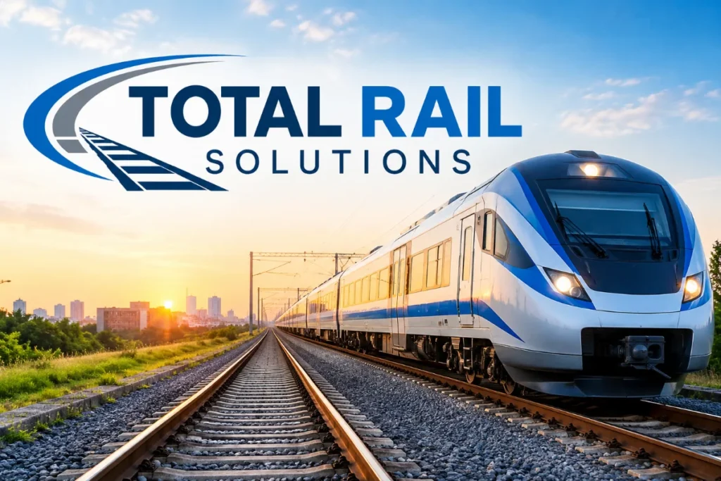 Total Rail Solutions modern passenger train on railway tracks at sunset, representing rail transportation, railway infrastructure, and innovative rail services.