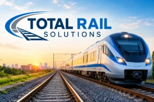 Total Rail Solutions modern passenger train on railway tracks at sunset, representing rail transportation, railway infrastructure, and innovative rail services.