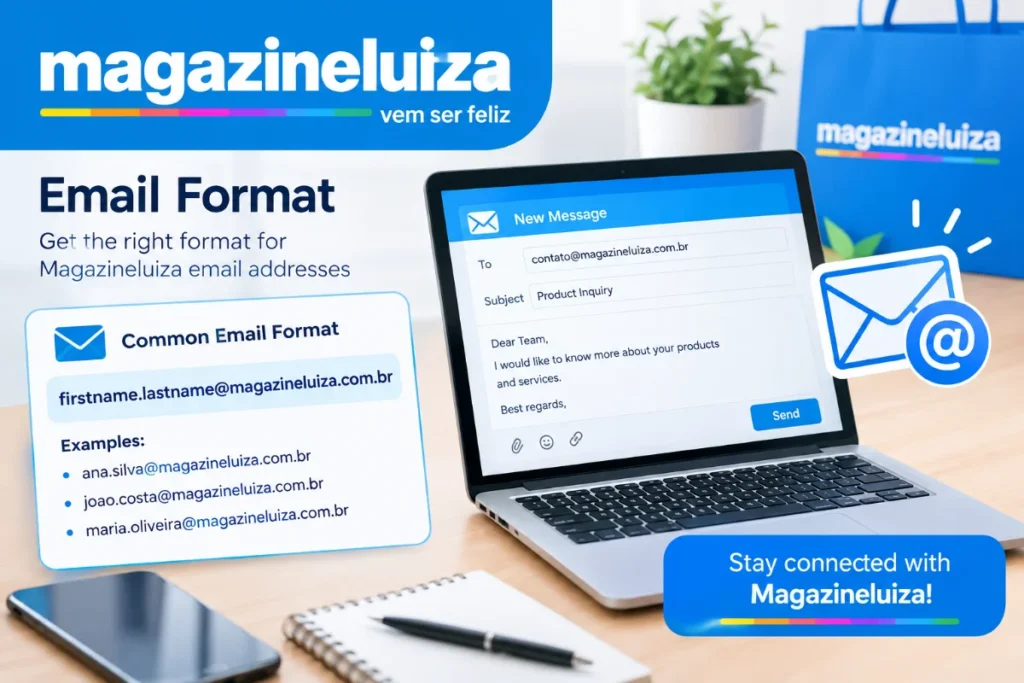 Magazineluiza com br email format guide showing sample email addresses and a professional email composition screen.