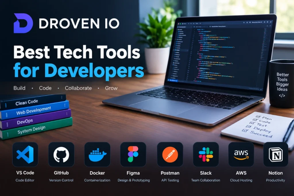 Droven.io best tech tools for developers featuring coding, AI assistants, software testing, and development productivity tools.